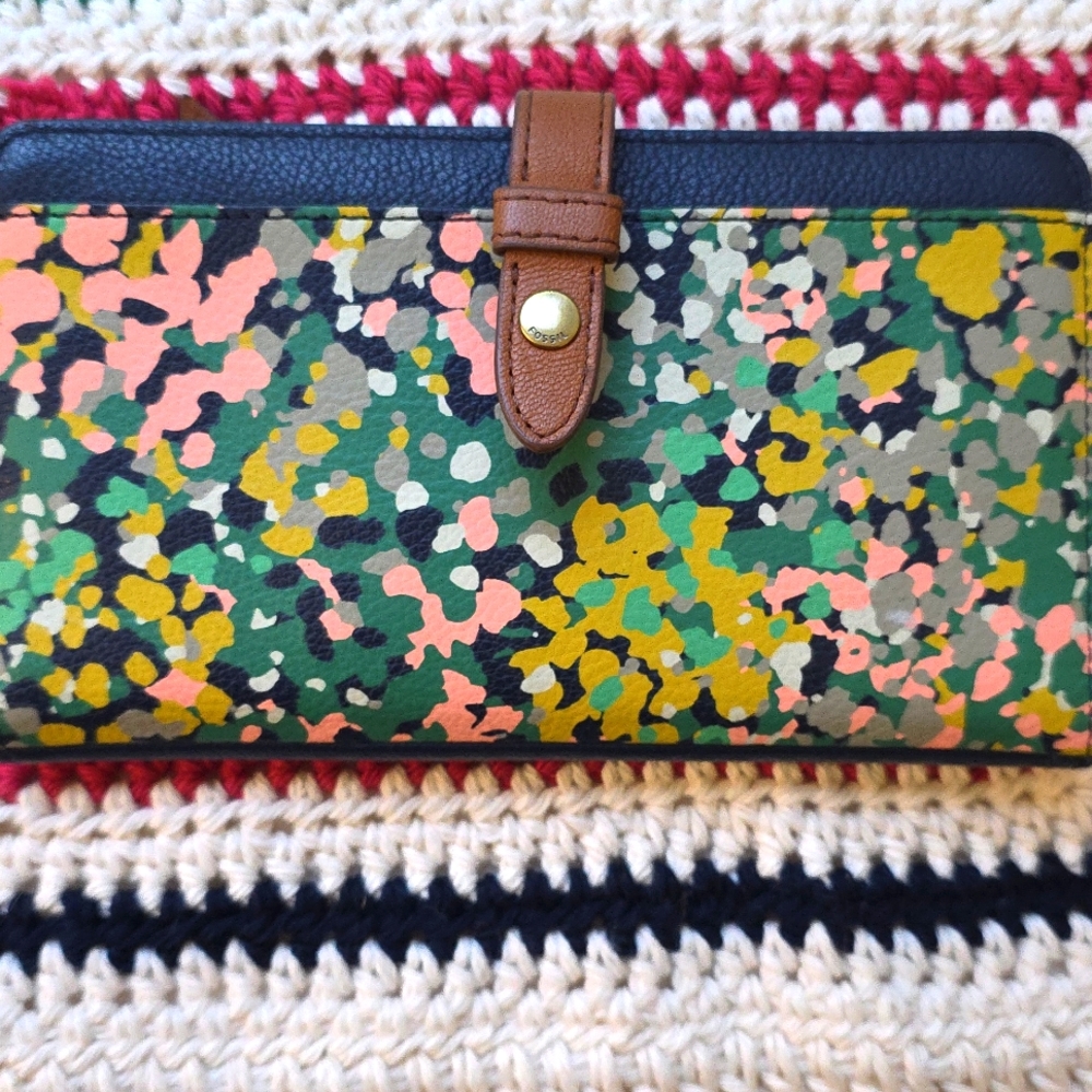 Fossil Multicolor Camouflage Print Wallet with Brown Trim
